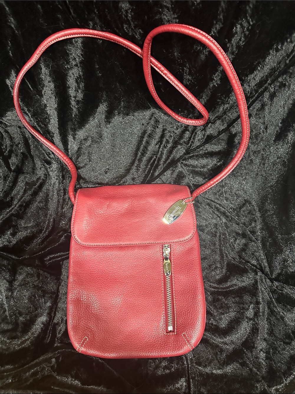 Tignanello Red Leather Crossbody Bag with Front Zip Accent